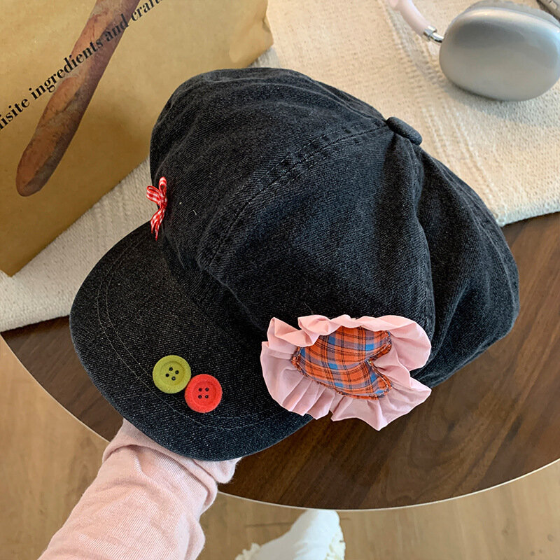 2025 Новый японский джинсовый берет на пуговицах, женский летний сладкий и милый солнцезащитный козырек, восьмиугольная шляпа с облаком любви