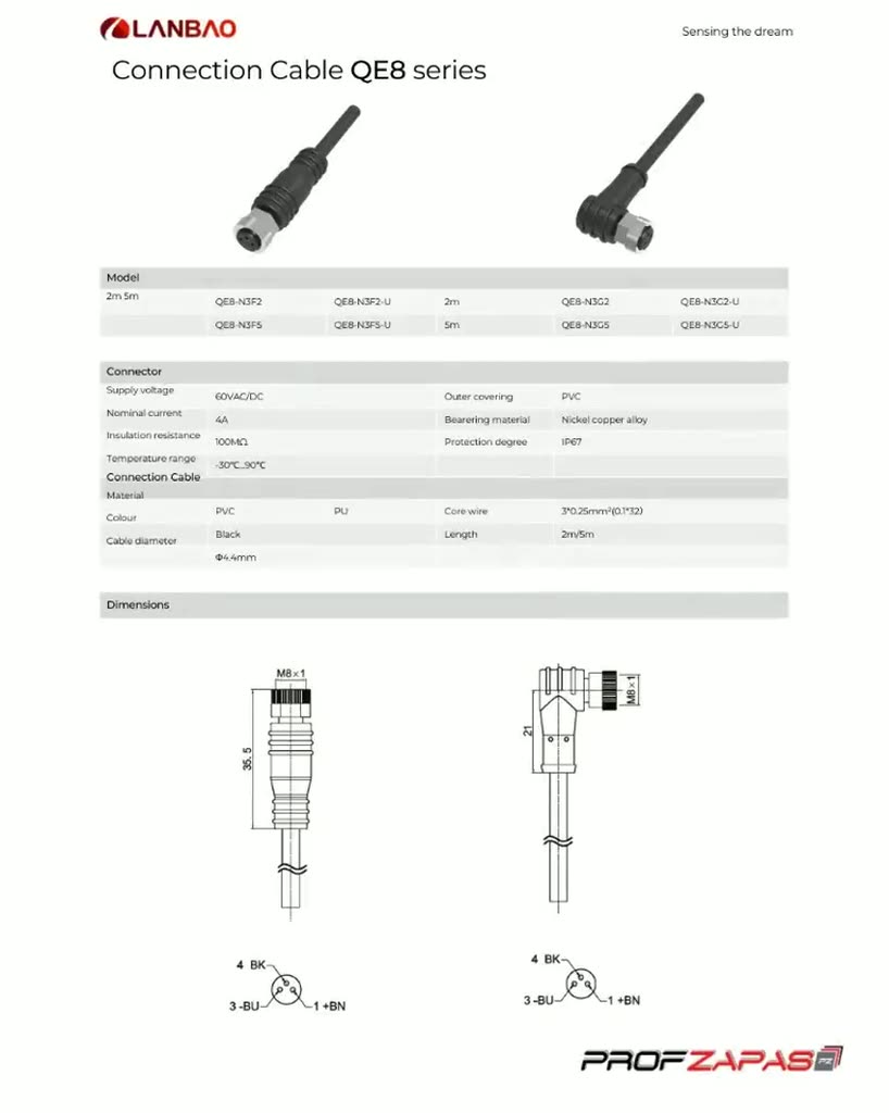 QE8-N3G5 Lanbao Провод для датчика M8, мама, угловой, 3 pin, кабель 5M. (SICK YM8U13-050VA1XLEAX) — фото 1