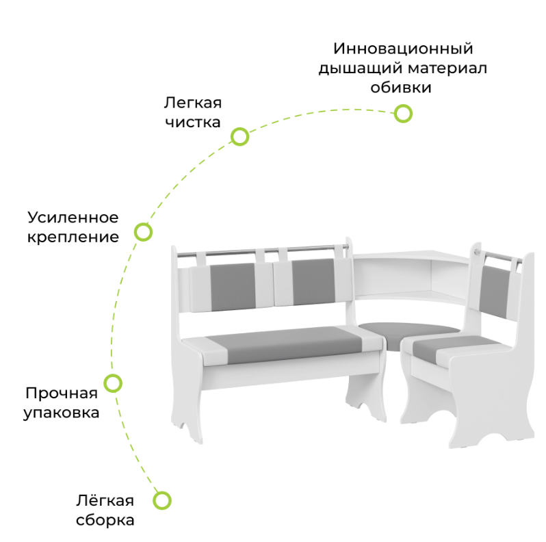 Кухонный уголок Дельта BONMEBEL Белый/экокожа Серый/Белый, 152х104х90.5 см