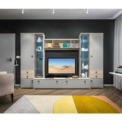 Стенка столплит Магия СБ-24971 с тумбой под ТВ с пеналом кдспЛДСП Дуб СанремоСерый 297х199х44 см 31700₽