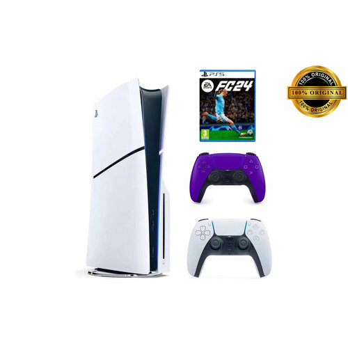 Игровая приставка Sony PlayStation 5 Slim, с дисководом, 1 ТБ, два геймпада (белый и фиолетовый), Fifa 24