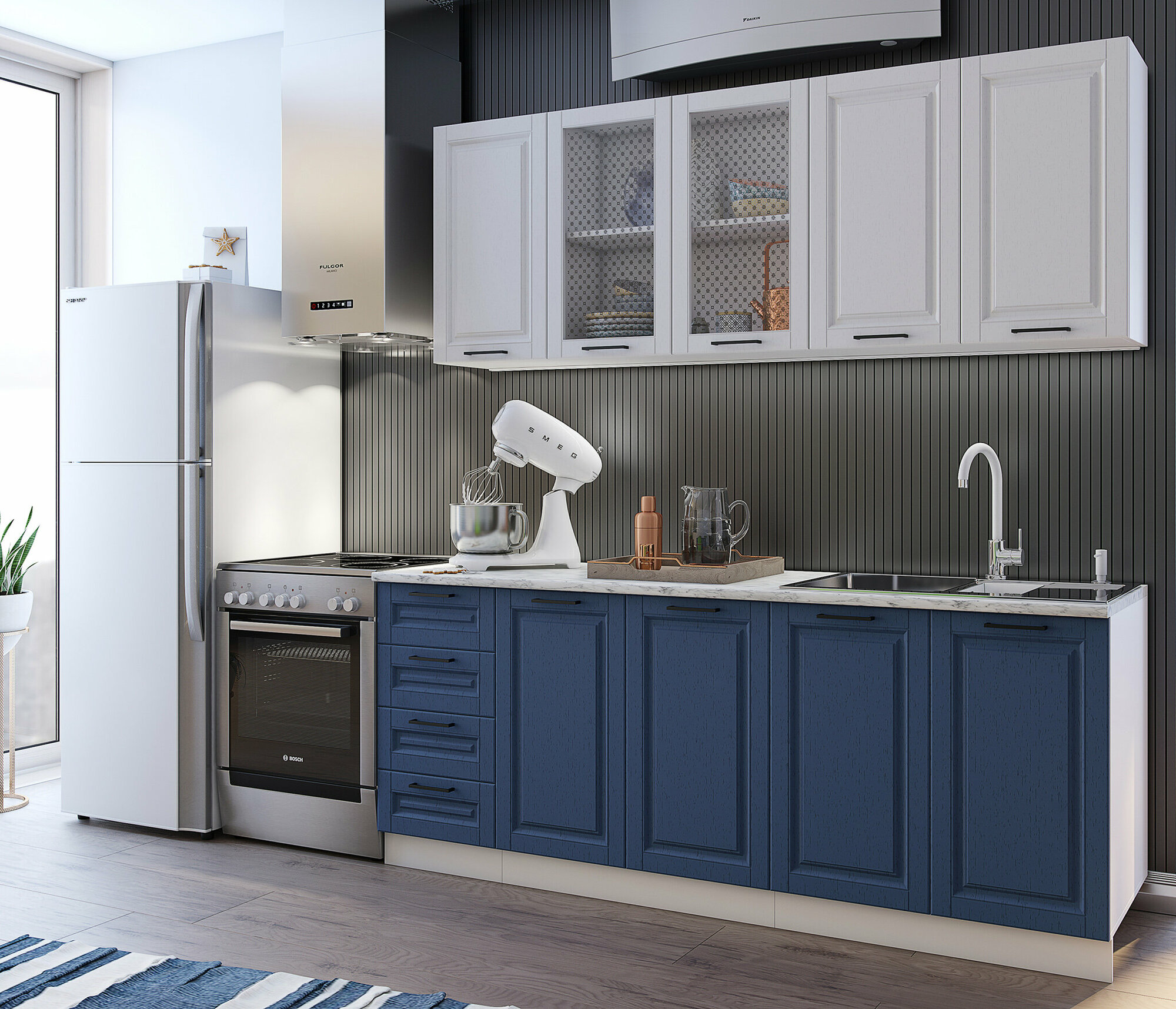 фото Кухонный гарнитур столплит Вита ЛДСП, МДФ, Шато белый/Шато индиго, 200х154,6х60 см