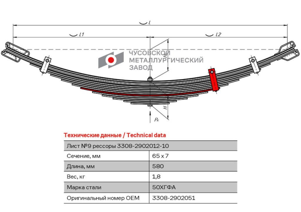 ЧМЗ 3308-2902051 Лист рессоры ГАЗ-3308 передней №9 с хомутом L=580мм ЧМЗ