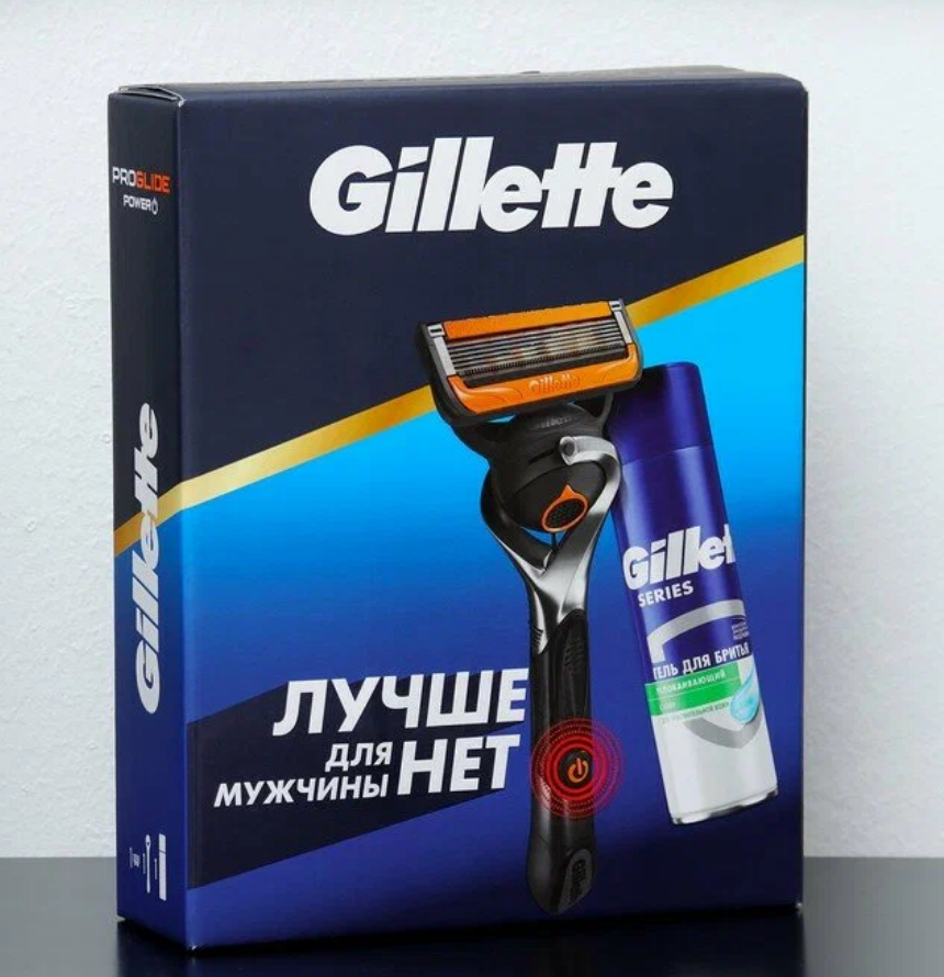 Набор Gillette многоразовый бритвенный станок ProGlide Power со сменной кассетой, гель для бритья успокаивающий Series, разноцветный — фото 1