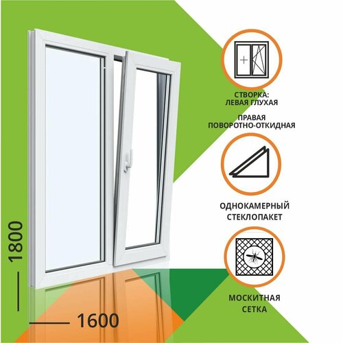 Окно ПВХ 1800x1600 мм 1 камера двухстворчатое: левая глухая, правая поворотно откидная с москитной сеткой|37023-mir-rfbs