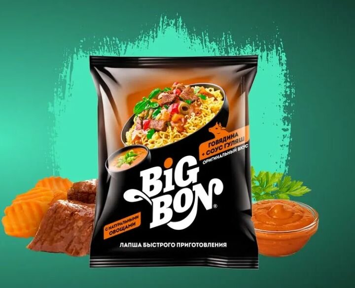Лапша Big Bon Говядина + соус гуляш 75 гр - 12 штук — фото 1