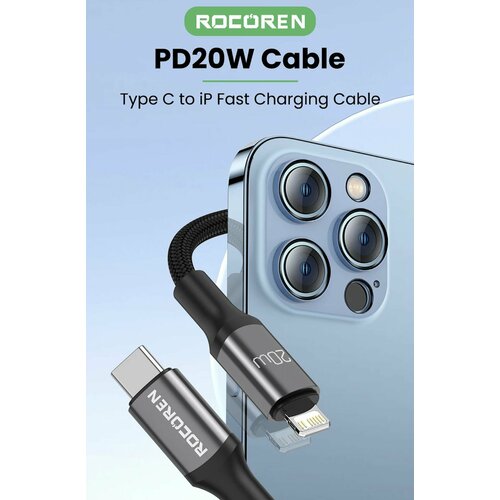 ROCOREN USB Type-C / Lightning, PD 20W, кабель зарядный 0,5м iPhone iPad, черный