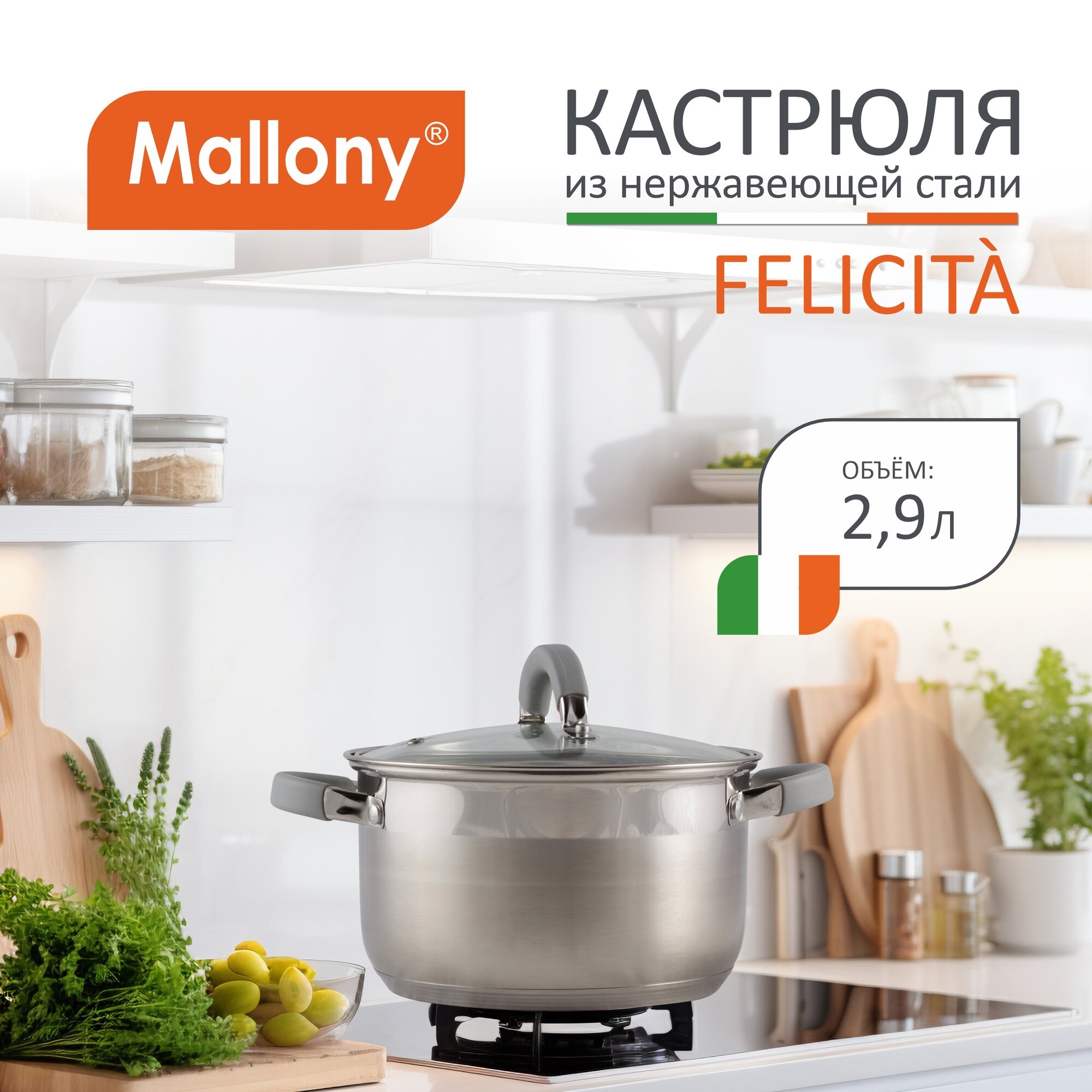 Кастрюля Felicita, объем 2,9 л, из нерж стали с крышкой из жаропрочного стекла, размер 18*11,5 см