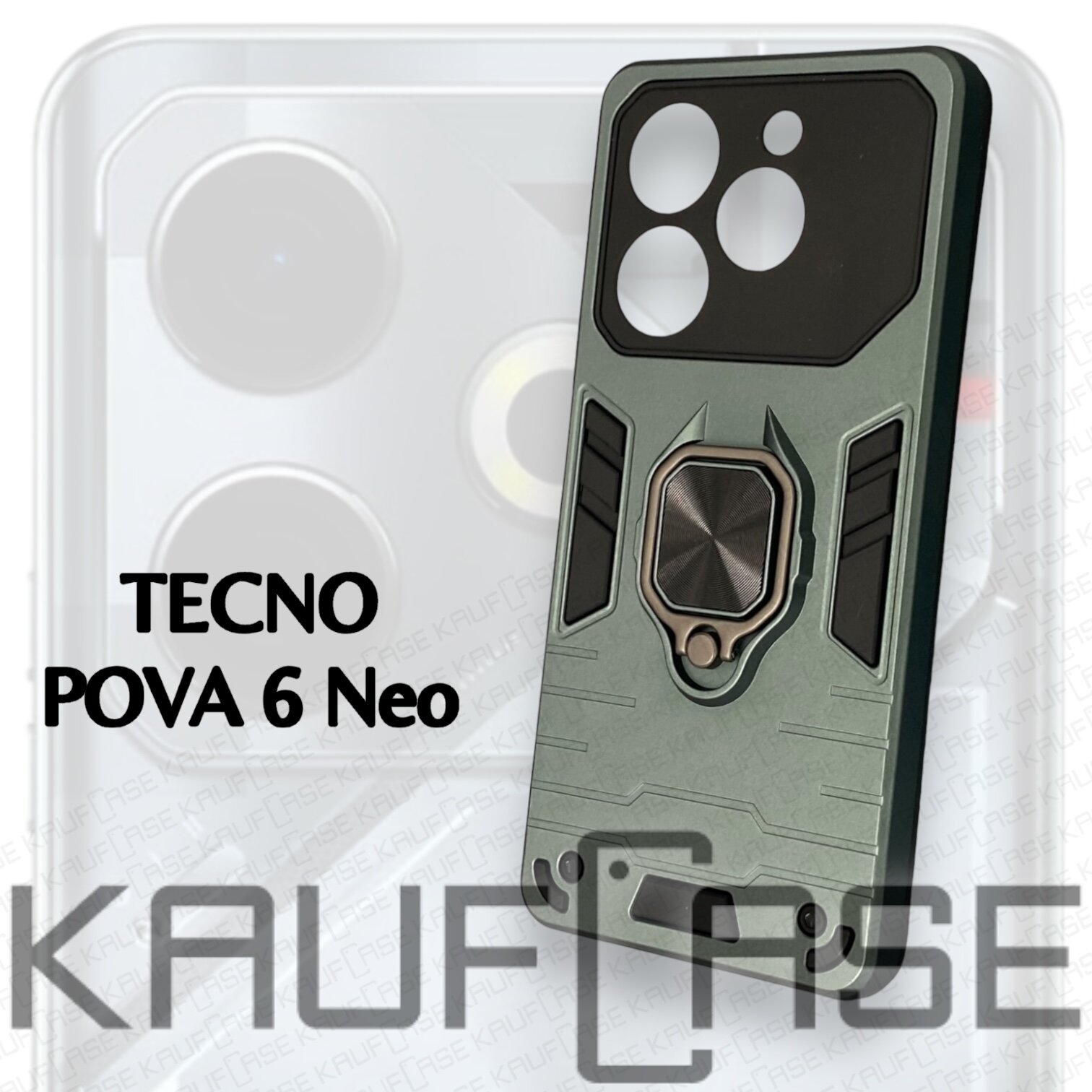 Противоударный чехол на Tecno Pova 6 NEO (6.78"), темно-зеленый. Кольцо-держатель и магнитное крепление, яркие пластиковые защитные вставки
