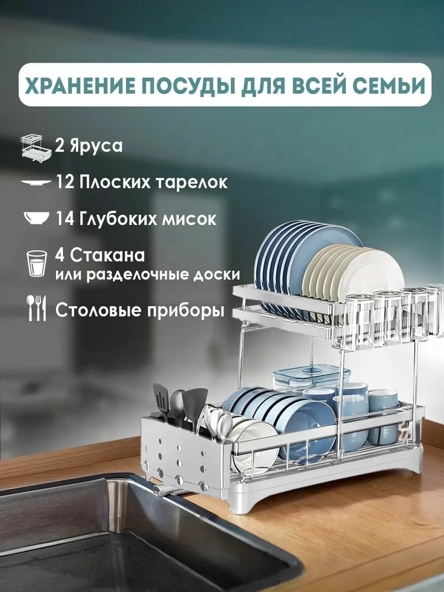 Картинки Сушилка для посуды настольная с поддоном и отводом воды, белая