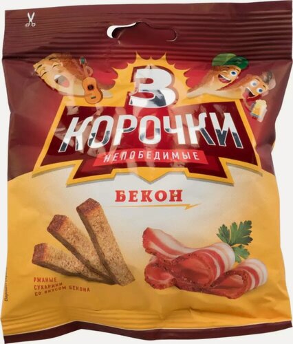 Изображение товара Сухарики 3 Корочки, со вкусом Бекон, ржаные, 25 шт. по 100 г