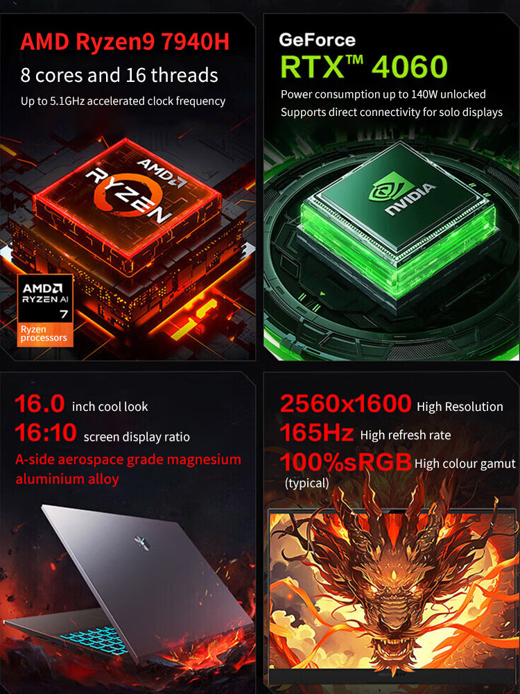 Игровой Ноутбук MECHREVO Jiaolong16S 2560X1600 165Hz AMD Ryzen 9 7940H RTX 4060 8GB DDR5 16GB 5600MHz 512GB SSD — фото 1