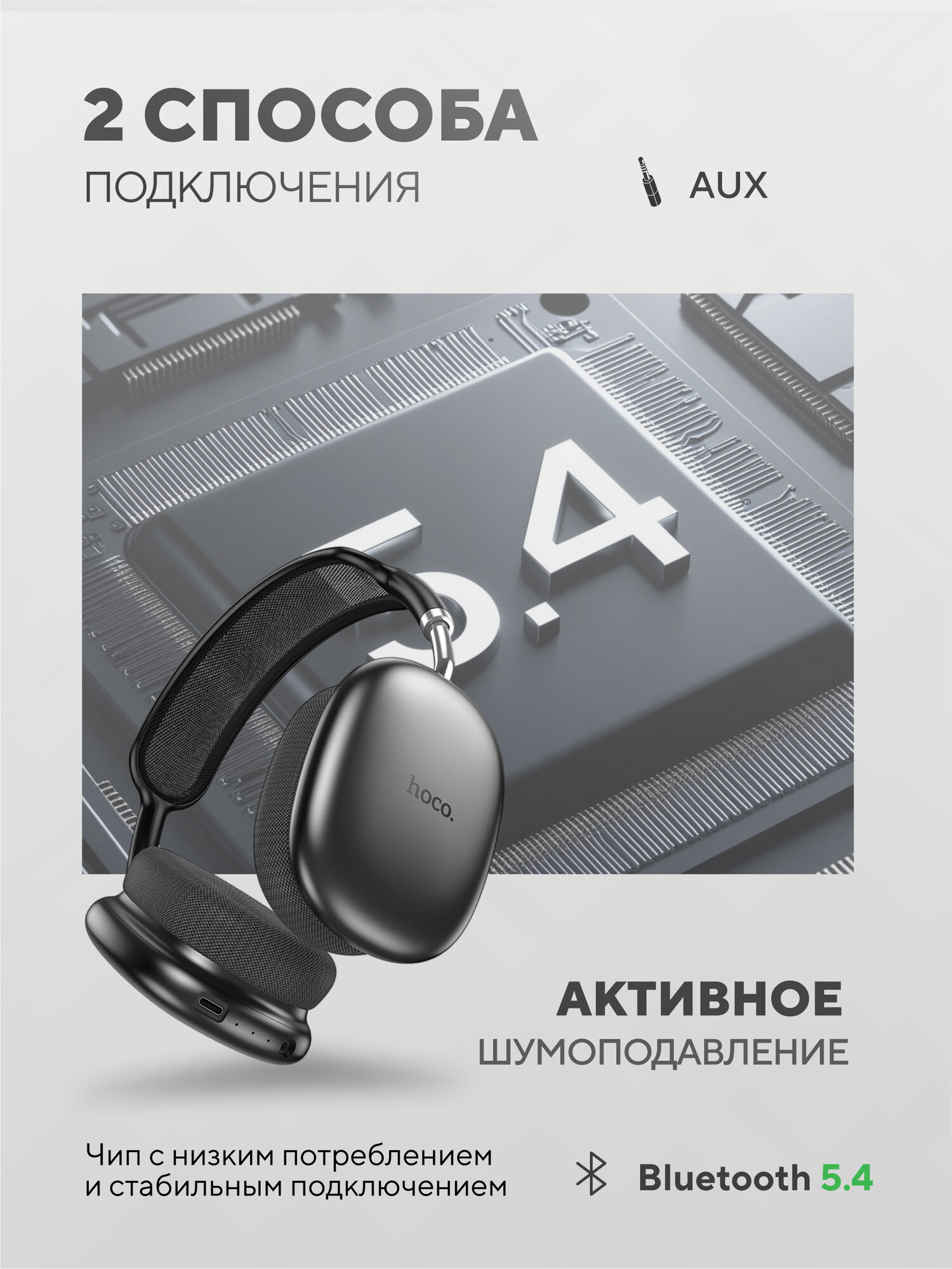 HOCO 2025 Наушники беспроводные большие накладные W55 Plus с шумоподавлением, цвет Space gray — фото 1