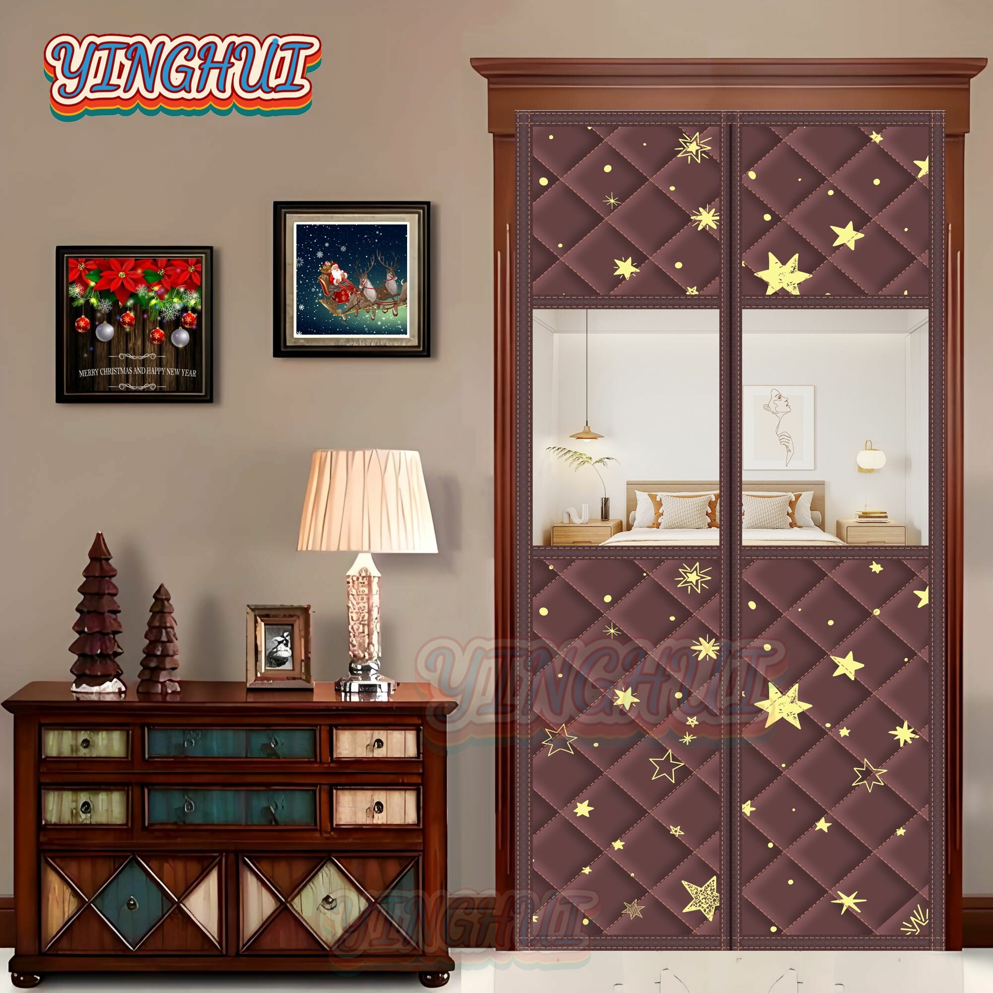 Теплоизоляционная дверная занавеска подходящая для размера 90 x 210 см коричневая ткань Оксфорд сильные магниты утолщенный хлопковый чехол зимой для защиты от ветра и холода.