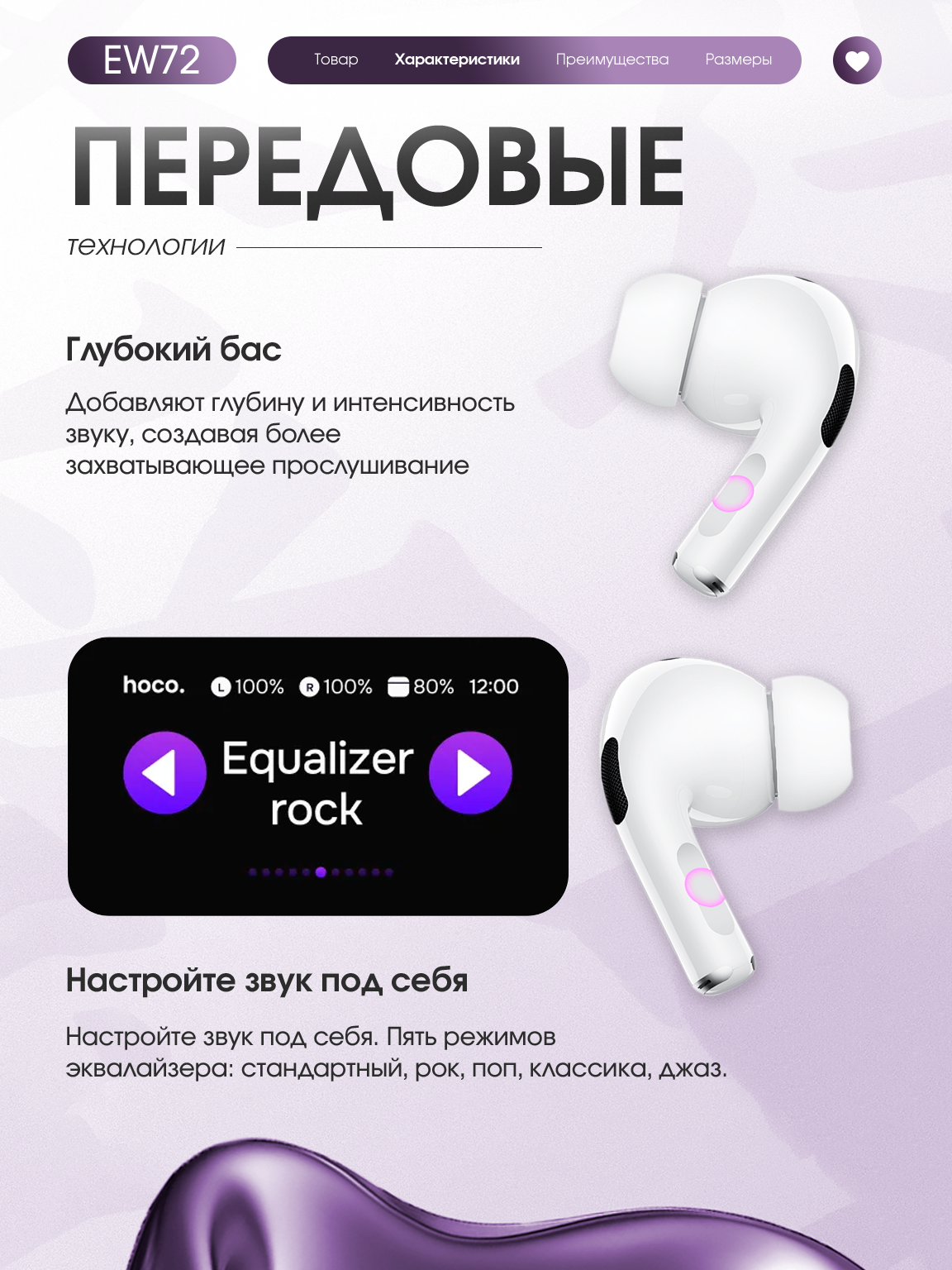 Наушники беспроводные, сенсорное управление, шумоподавление, влагозащита, Li-Ion аккумуляторы — фото 1