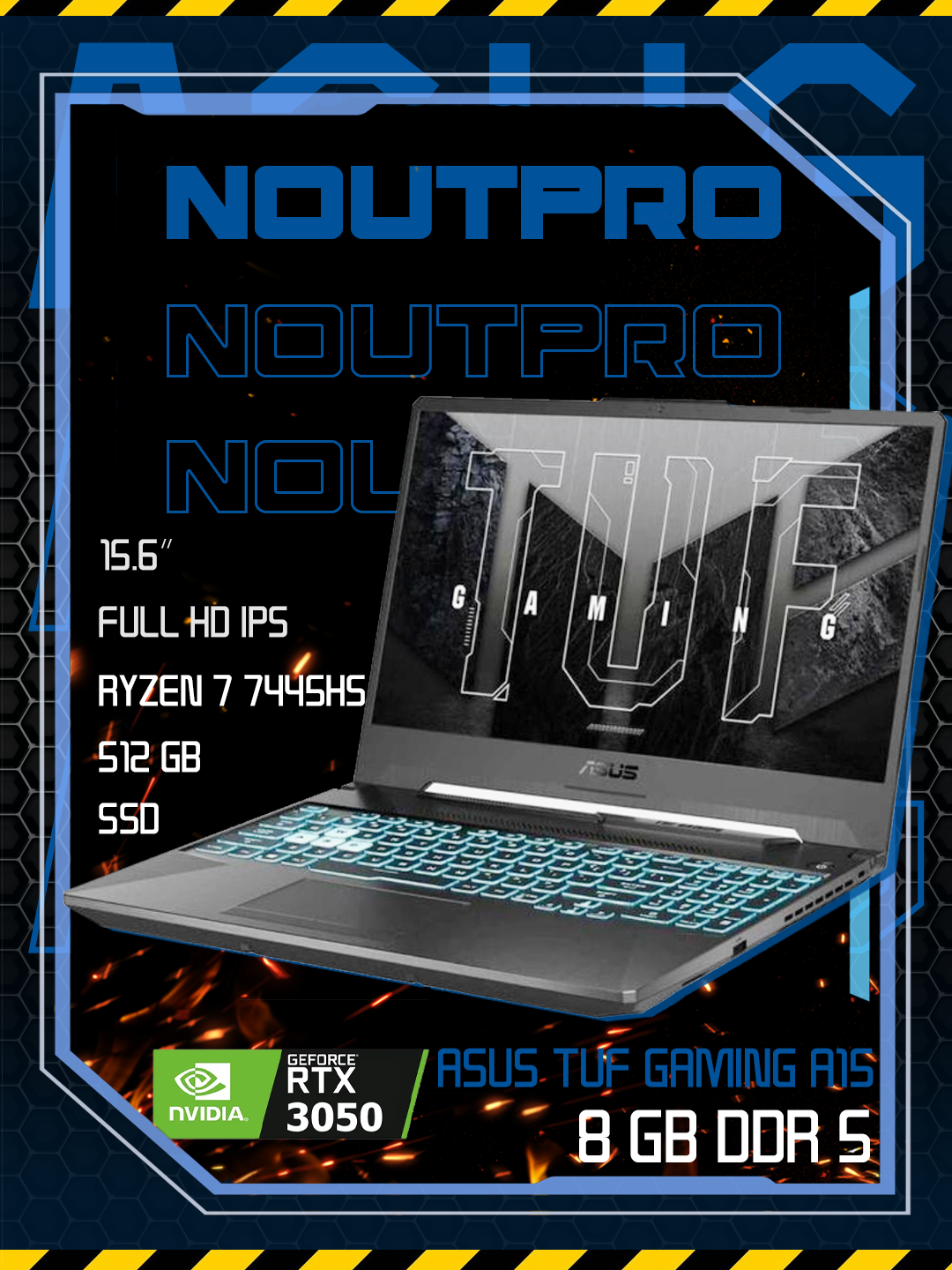 Ноутбук ASUS TUF Gaming A15, Ryzen 7 7445HS, RTX 3050 4GB, 8GB DDR5, 512GB, 15.6" FHD IPS