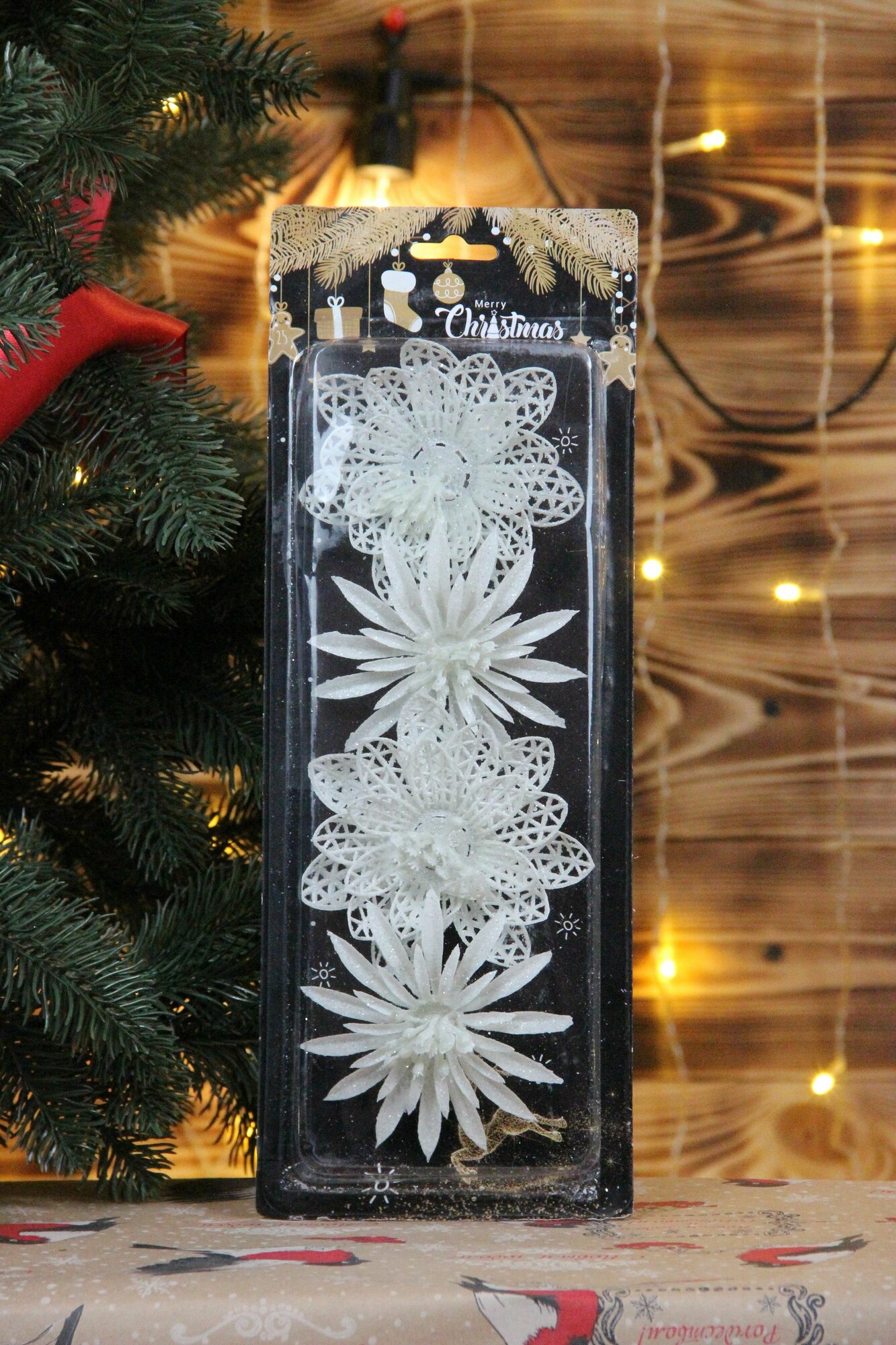 Елочные игрушки "Набор цветов" белые, 4 шт — фото 1