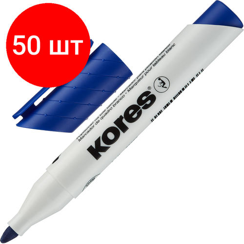 Комплект 50 штук, Маркер для белых досок KORES синий 3-5 мм скошенный наконечник 20853