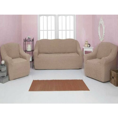 Чехол на диван и 2 кресла без оборки, диван трехместный, на резинке, универсальный, чехол для мягкой мебели.