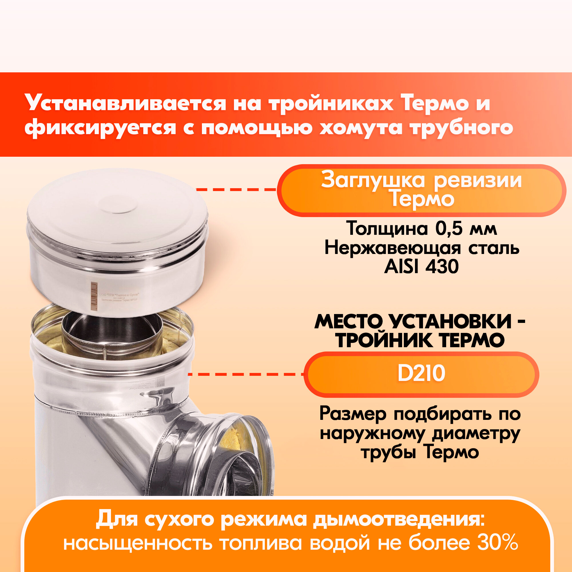 Изображение Заглушка ревизии Термо ЗРТ-Р 430-0.5 D210 для дымохода, заглушка ревизии из нержавейки для сэндвич дымохода