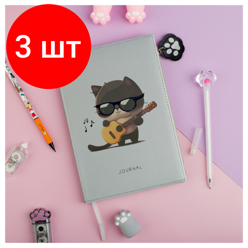 Комплект 3 шт, Ежедневник недатированный, А5, 136л, кожзам, MESHU Сat melody, тон. блок, карман на молнии с брелком, закладка-ляссе комплект 3 шт ежедневник недатированный а5 136л кожзам meshu сat melody тон блок карман на молнии с брелком закладка ляссе