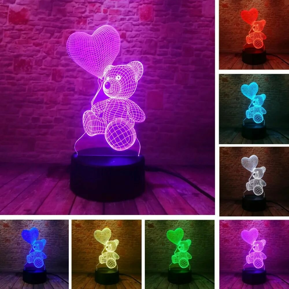 "Мишка с сердцем и шаром" - 3D светильник-ночник для ребенка и девушки - фотография № 2