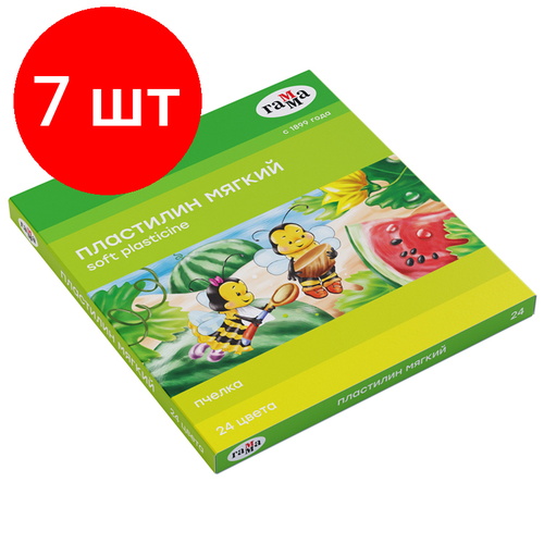 Комплект 7 шт, Пластилин восковой мягкий Гамма Пчелка, 24 цвета, 360г, со стеком, картон. упаковка