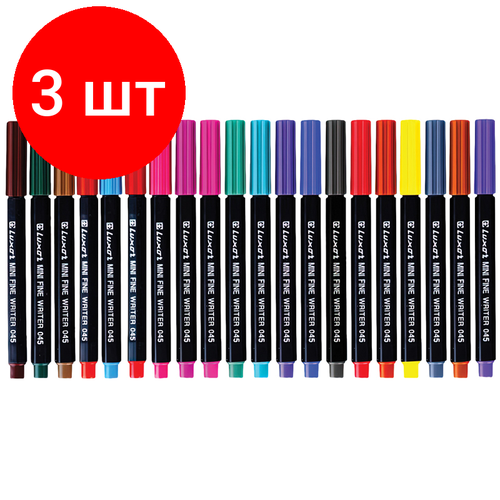 Комплект 3 шт, Набор капиллярных ручек Luxor Mini Fine Writer 045 20цв, 0.8мм, пластиковая банка