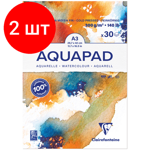 Комплект 2 шт, Альбом для акварели, 30л, А3, на склейке Clairefontaine Goldline Aqua, 300г/м2, холод. прессование