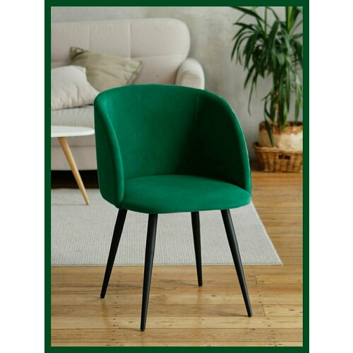 Стул для кухни и гостиной мягкий с подлокотниками и спинкой, зеленый с черными ножками