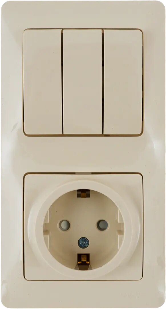 Блок выключатель с розеткой встраиваемый Schneider Electric Glossa 3 клавиши с заземлением со шторками цвет бежевый