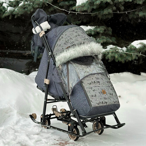 Изображение товара Санки-коляска Galaxy Glory Gloss Лен Крупный Черные, Светоотражающая Ткань