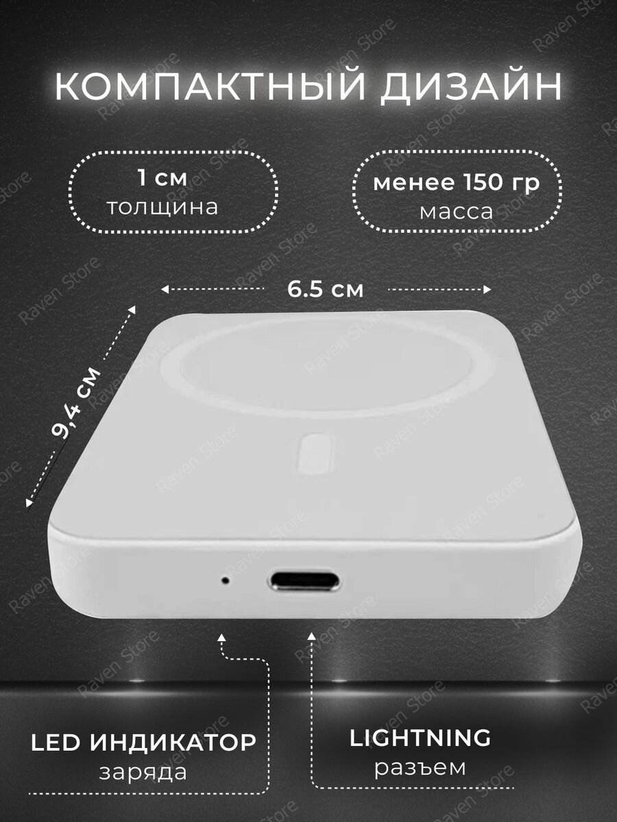 Портативный магнитный аккумулятор MagSafe 5000 mA с поддержкой быстрой зарядки для iPhone / Повер банк / Power bank с беспроводной зарядкой ( белый )