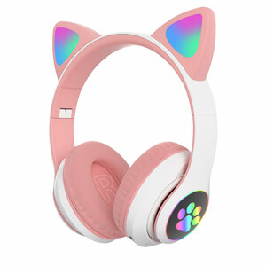 Беспроводные наушники STN-28 Bluetooth 5.0 с микрофоном, FM-радио, поддержкой SD-карты памяти, светящиеся ушки кошки, складные, розовые