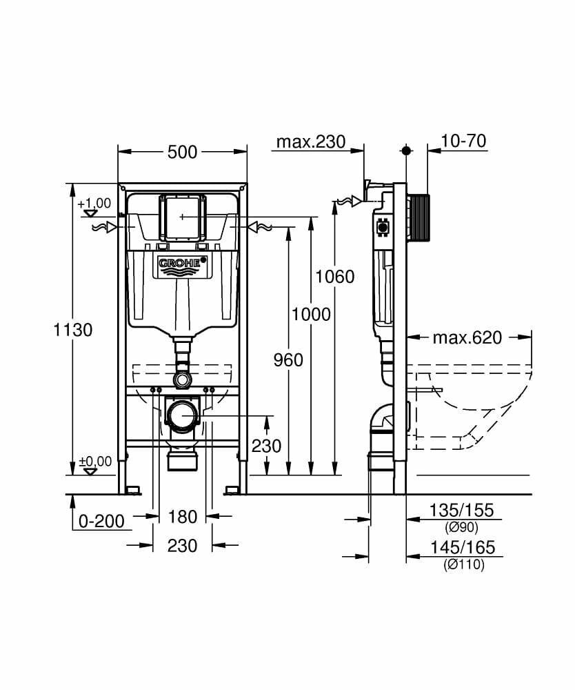 Инсталляция для подвесного унитаза Grohe Rapid SL 5 в 1, cо звукоизоляционным комплектом и редуктором потока воды, 1000046