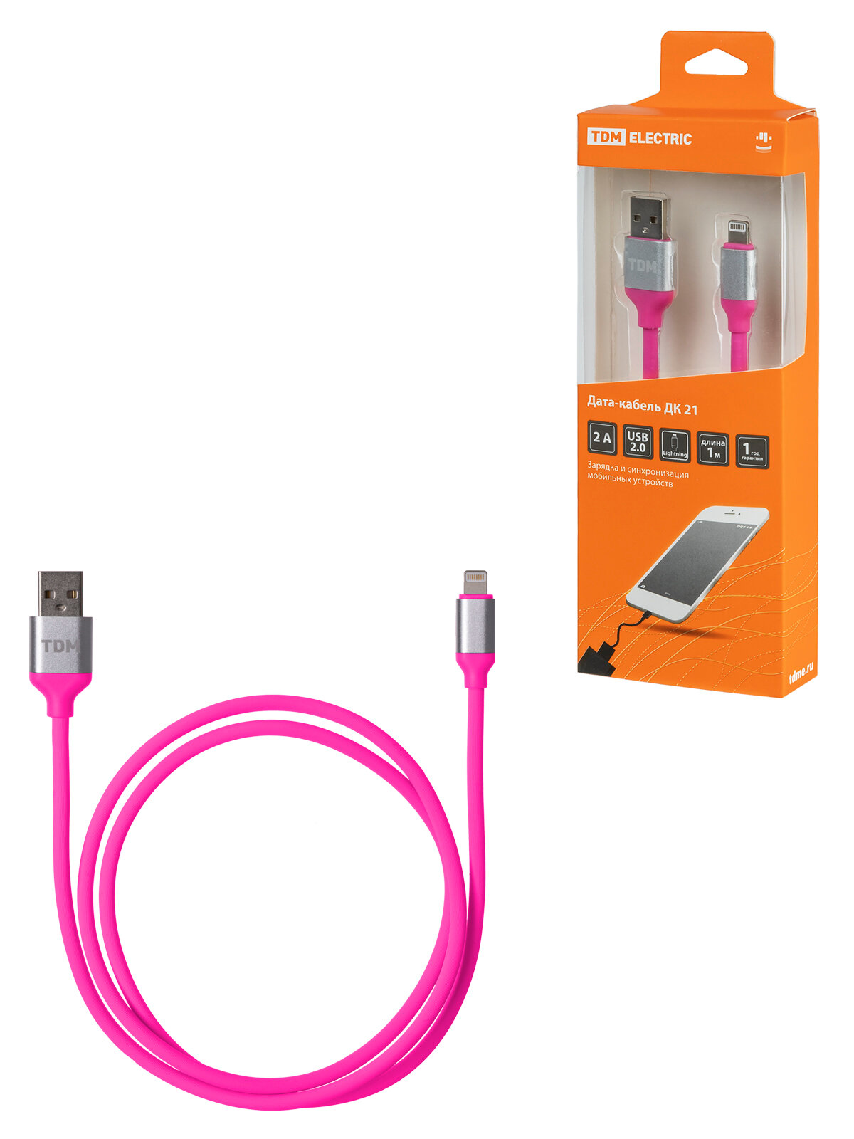 фото Кабель в силиконовой оплетке Tdm Electric ДК 21, USB - Lightning, 1 м, розовый