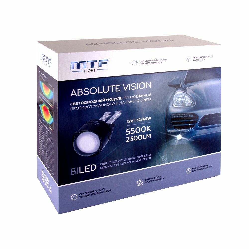 MTF Light Светодиодные ПТФ линзы серия ABSOLUTE VISION, 12В, птф/дальний 32/44Вт, 5500К, FORD/LADA/RENAULT/MITSUBISHI, 2шт.