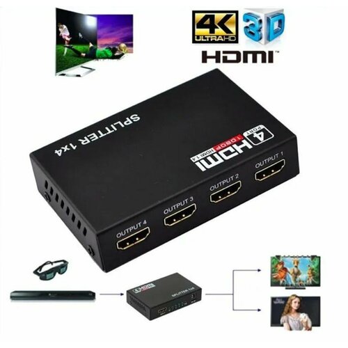 Адаптер - разветвитель SPLITTER 1x4 HDMI, FullHD 1080p, 3D разветвитель hdmi сплиттер splitter vcom на 12 портов ver 1 4 каскадируемый с питанием dd4112