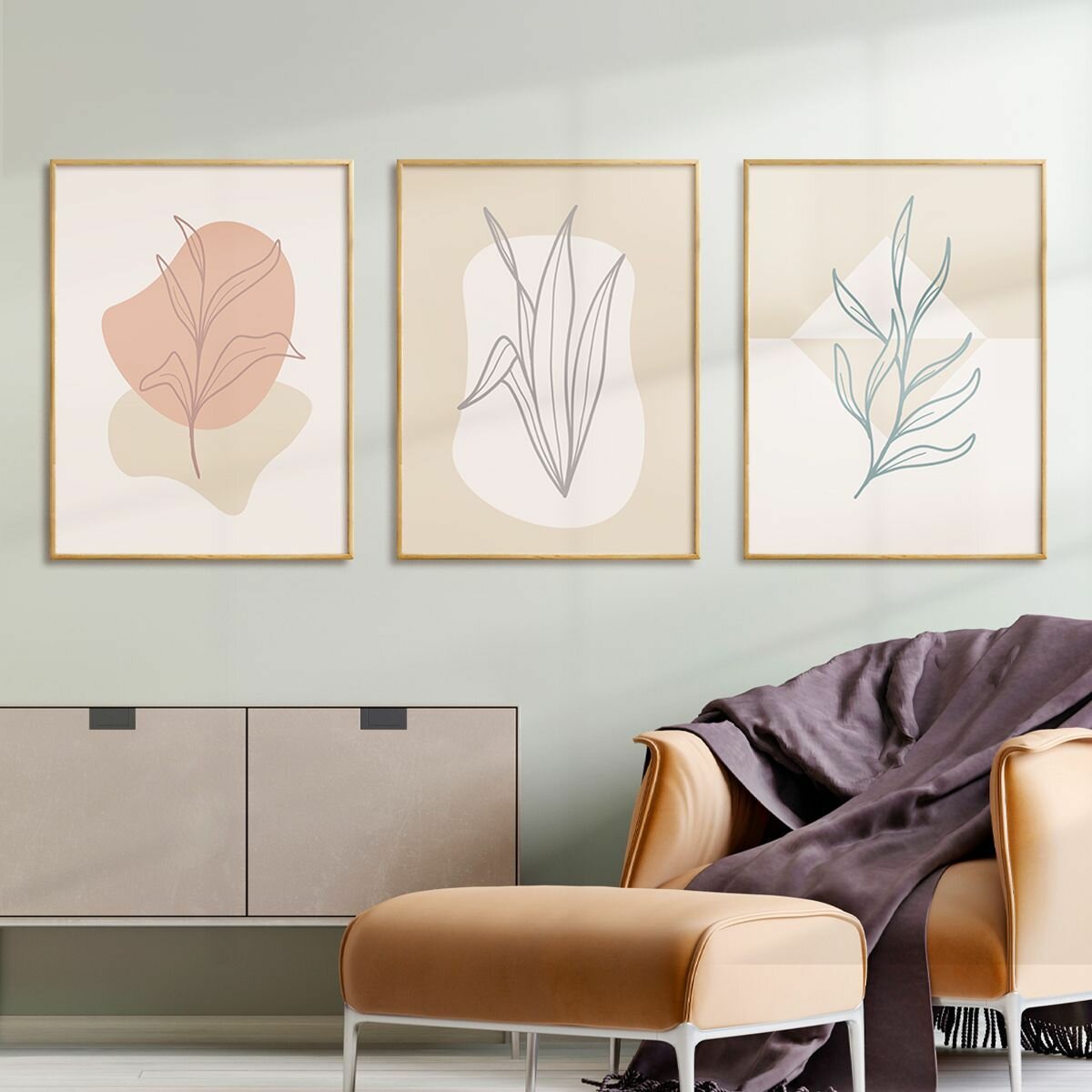 Постер 3 шт 30х40 без рамки "Абстрактные растения в светлых тонах" набор картин для интерьера