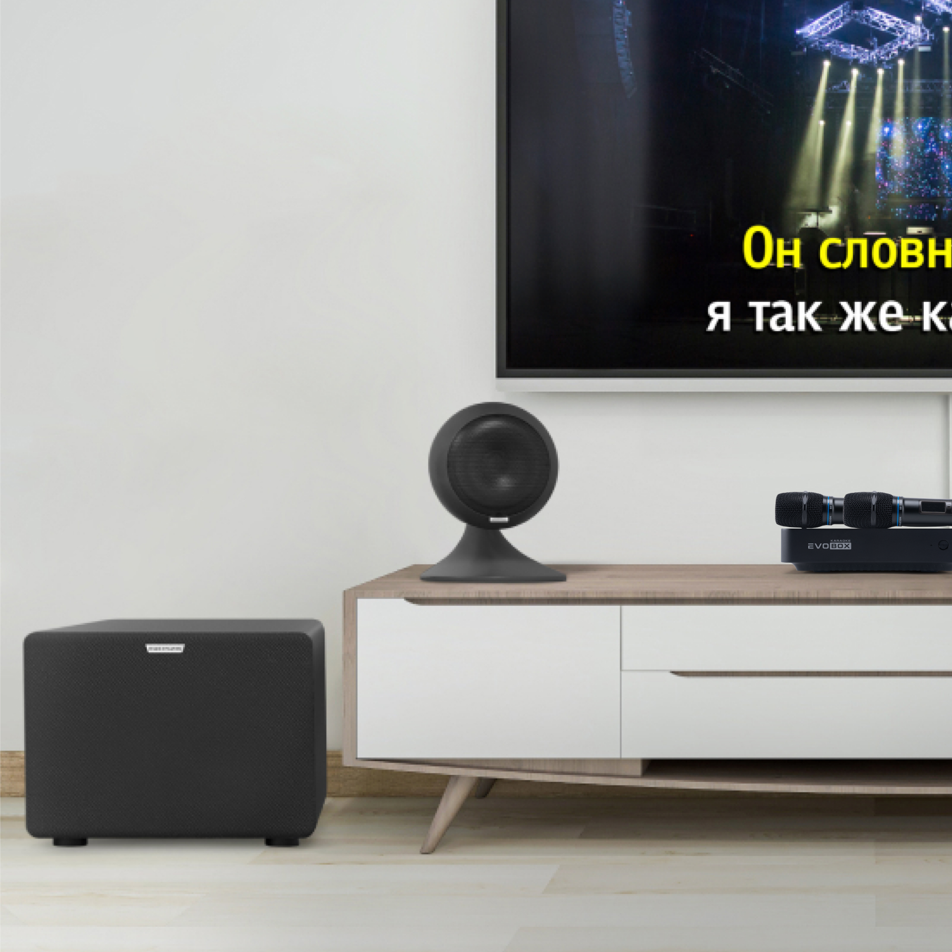 Караоке-комплект EVOBOX Black с микрофонами SE 200D и стереосистемой EvoSound Sphere 2.1. Black. — фото 6