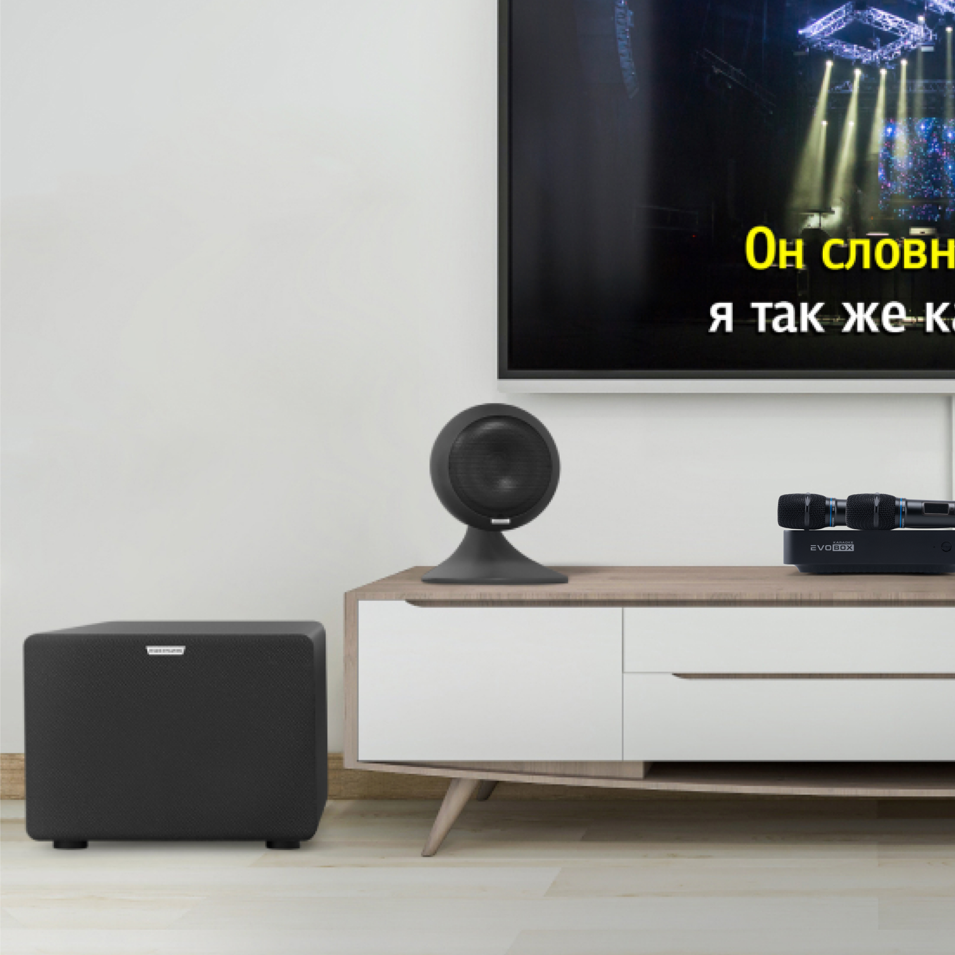 Караоке-комплект EVOBOX Black с микрофонами SE 200D и стереосистемой EvoSound Sphere 21 Black