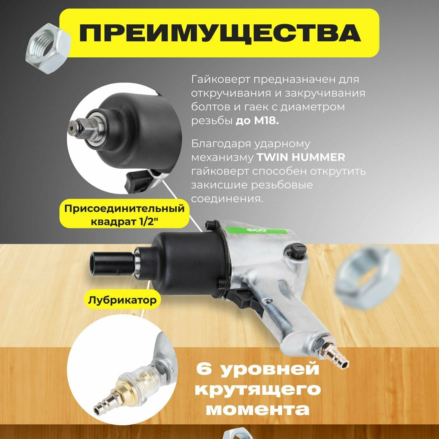 Пневмогайковерт 1/2" ECO AIW-610 с лубрикатором и головками (580 Нм; Ударный мех-м: twin hammer; 7000 об/мин; Макс резьба: М18; 220 л/мин