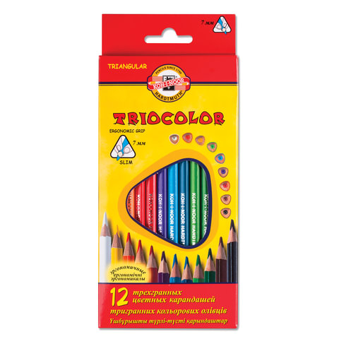 Карандаши цветные KOH-I-NOOR "Triocolor", 12 цветов, трехгранные, грифель 3,2 мм, европодвес, 3132012004KSRU, 3 упаковки