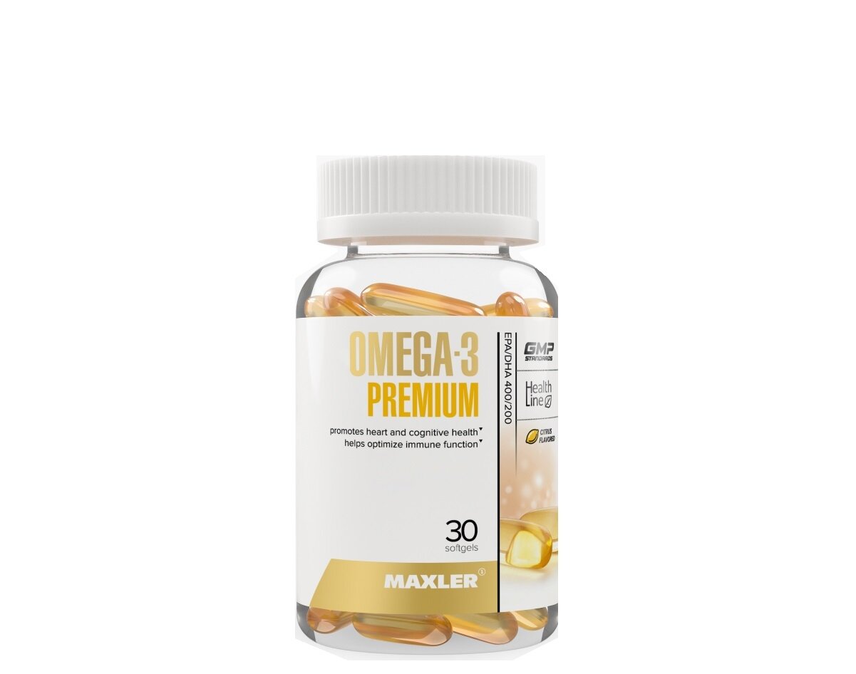 Улучшает зрение, состояние кожи и волос Omega-3 Premium 30 капс (Maxler) Цитрус