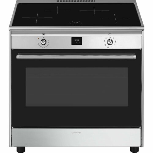 Индукционная плита Smeg CG90CIXT, закаленное стекло, 4 конфорки, 10.6 кВт, духовка 129 л, 8 режимов, серебристая