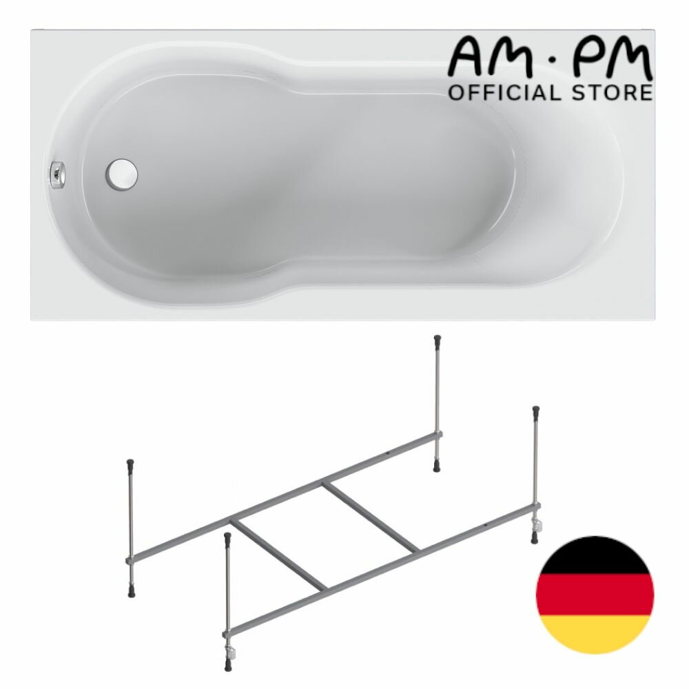 Ванна акриловая AM.PM X-Joy 150x70 см комплект 2 в 1: ванна с каркасом; душевая и релаксационная зоны, литьевой акрил, вакуумная формовка, усиленный корпус, гарантия 15 лет, Германия