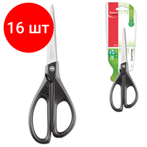 Комплект 16 шт, Ножницы MAPEDEssentials Green, 210 мм, черные, эргономичные ручки, картонная упаковка с европодвесом, 468110