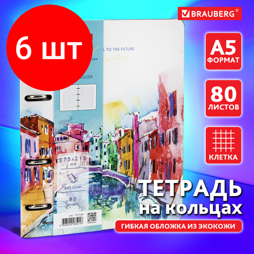 Комплект 6 шт, Тетрадь на кольцах А5 (180х220 мм), 80 л, под кожу, BRAUBERG VISTA, Travel, 112136