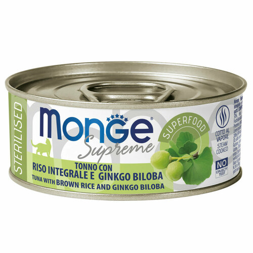 Monge Supreme Sterilised влажный корм для взрослых стерилизованных кошек с тунцом, бурым рисом и гинкго билоба, в консервах - 80 г х 24 шт
