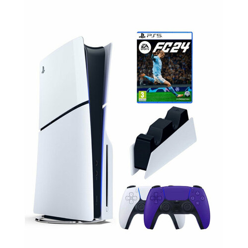 Приставка Sony Playstation 5 slim 1 Tb+2-ой геймпад(пурпурный)+зарядное+FC24 игровая приставка sony playstation 5 с дисководом 825 гб ssd fc24 белый